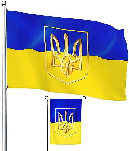 Voudlye Ukrainische Flagge, 1,2 x 1,8 m, 3-lagig, 30,5 x 45,7 cm, ukrainische Nationalflagge mit Wappen, Dreizackflaggen, doppelseitiger Druck, lichtbeständig, Outdoor-Gartendekoration