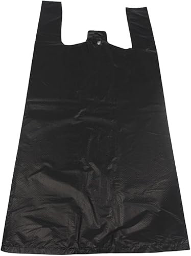 100 Pack BLACK PLASTIC POLYTHENE VEST STYLE CARRIER BAGS - LARGE SIZE 11 x 17 x 21 SHOPPING GROCERY GIFT BOUTIQUE SUPERMARKET CASH N CARRY MARKET STALL POLYBAGS