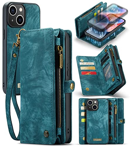 UFinetech für iPhone 14 Plus Hülle, Flip Leder TPU Stoßfeste Kartenfach Tasche Handyhülle für iPhone 14 Plus, Magnetisch Klapphülle Kratzfest Abnehmbare Reißverschluss Band Schutzhülle Cover, Blau