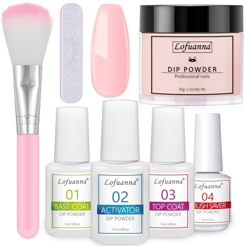 Lofuanna Dip Powder Nail Kit Starter - Pink Dipping Powder with Base Coat & Top Coat & Activator & Brush Saver, No UV/LED Needed, DIY French Nail Art Manicure, Easy to Apply for Home or Salon Use