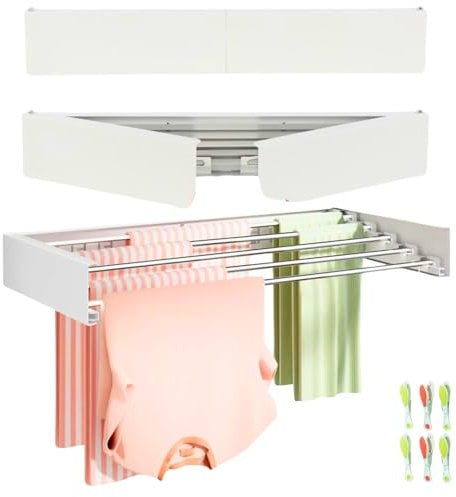 JANDTEK Tendedero Pared Plegable y Extensible 80 cm – Blanco | Tendederos Plegables de Pared Interior o Exterior – Soporta 30 kg + 24 Pinzas – Montaje con Tornillos Incluidos