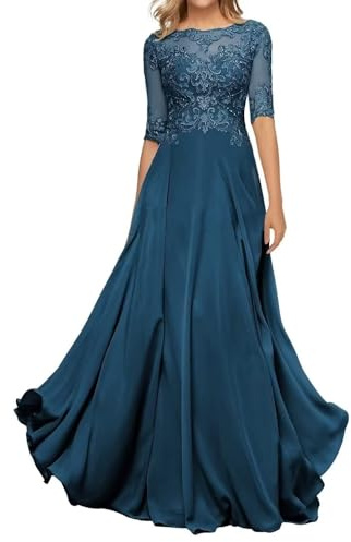 HYEC7 Women's Lace Appliques Mother of The Bride Dresses 3/4 Sleeve Long Formal Evening Dresses A Line Prom Dress Deep Teal