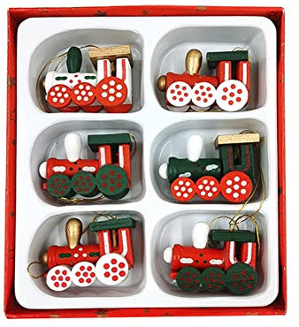 Weihnachtsanhänger aus Holz, 6 Stück Weihnachten Kinderspielzeug Lokomotive Rot Grün, Hölzerne Hängende Verzierung mit Seil für DIY Weihnachtsbaumschmuck Dekoration