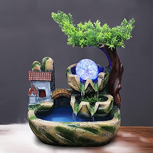 Zimmerbrunnen mit LED Beleuctung - Tischbrunnen mit Pflanzen Desktop Brunnen Wasserfall mit Pumpe und Luftbefeuchter Für Wohnzimmer, Schlafzimmer, Büro, Café