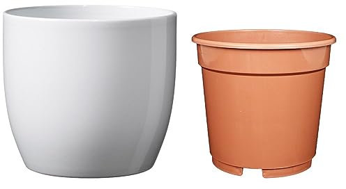 Set - SK Soendgen Keramikübertopf Basel ø12 cm, Weiss glänzend + Kulturtopf ø10, hochwertiges Wohnambiente