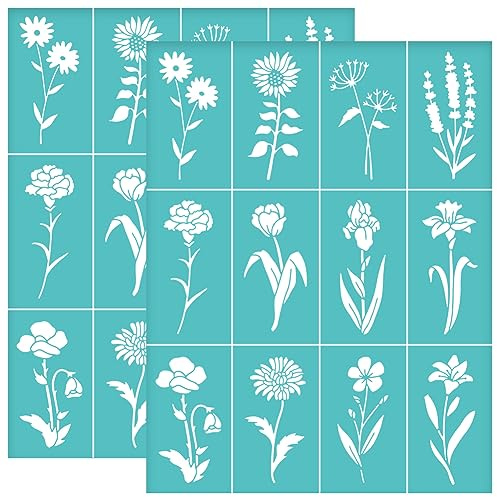 OLYCRAFT 2Pcs 22x28cm Pochoir de Sérigraphie Auto-Adhésif à Motif de Fleur Sauvage - Tige de Fleur, Pissenlit, Tournesol - Réutilisable pour la Peinture de Tissu