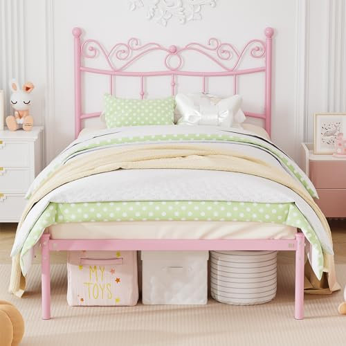 Merronix Doppelbettrahmen mit Kopfteil, eleganter Metallbettrahmen für Kinder und Mädchen, modernes robustes Doppelbett, Plattformbett, kein Boxspringbett erforderlich, 29 cm Höhe unter dem Stauraum