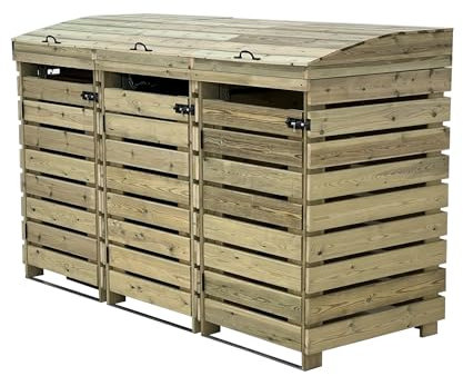 BinBreeze wheelie bin storage unit, wooden outdoor cover, recycling box storage (Triple, with shelf)