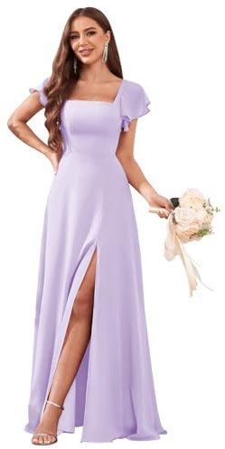 Bolodoo Robe de demoiselle d'honneur à manches courtes pour femme - Taille empire - En mousseline de soie - Avec fente, lilas, 32