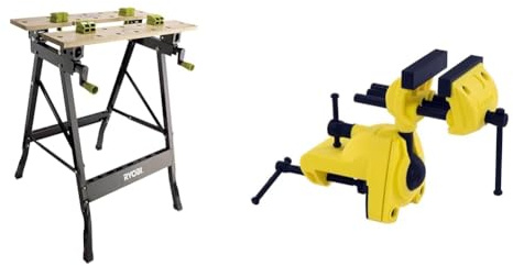 RYOBI - Etabli Pliable Orientable à 90° - Table Bambou 605 x 625 x 790 mm, 6,5 kg & Stanley 1-83-069 etau d'Établi sur Rotule - Ecartement 75 mm - Puissance de Serrage 25 kg - Corps en Fonte