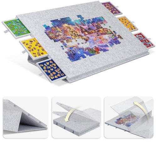 Lavievert Foldable Jigsaw Puzzle Board with 2-in-1 Stand & Cover, Tilting Jigsaw Table with 6 Drawers, Lightweight Felt Puzzle Boards Portable Game Storage Saver 2000 Pieces - Light Gray