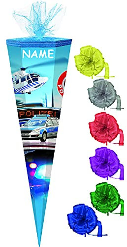 alles-meine.de GmbH Schultüte - mit 3D Glitzer - Effekt ! - Polizei Auto - Hubschrauber - 50-85 cm - Größe wählbar - 6-eckig - incl. Namen und Schleife - Tüllabschluß - Zuc..