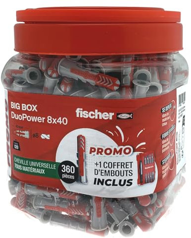 fischer - BigBox de 360 Chevilles Tous matériaux DuoPower 8x40 + 1 Coffret d'embouts Offert