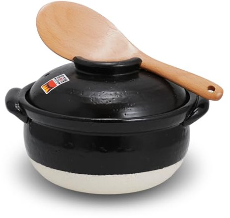 Banko-Yaki Fluffy Rice Pot, Earthenware Rice Cooker with inner lid Measuring Cup and Paddle, Traditional Japanese Donabe for Evenly Cooked Rice, Mixed Rice, and Porridge (2-Gou/Serves 2 to 3 people)