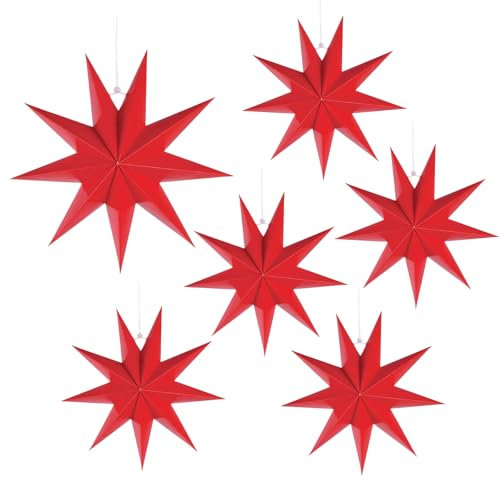 Kapokr 6 Stück Faltsterne Weihnachten Papiersterne zum Aufhängen Neunzackiger Papier Sterne Weihnachten 30cm Weihnachtsdeko Papier Weihnachtsstern für Weihnachten Hochzeiten Babypartys