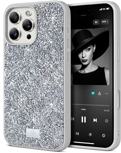 BEZ Case for iPhone 16 Pro Max Case Glitter, with Bling & Co. Series, Sparkle Diamond Crystal Bling Case Cover for iPhone 16 Pro Max, Sparkle Silver