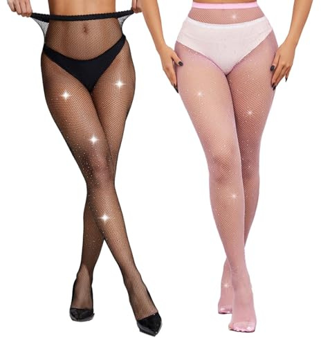 LiiYoang Lot de 2 Collants à Paillettes Résille Noirs Pour Femme - Strass - Scintillants Sexy - Pour Boîte de Nuit, Fête