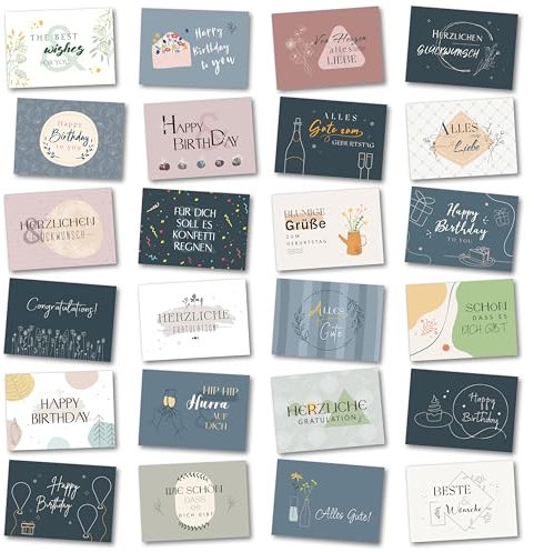 BIROYAL 27er Geburtstagskarten Set mit Umschlag - Glückwunschkarten Geburtstag - Happy Birthday Karte als Postkarten Set - Happy Birthday Card - Ideal als Grußkarte für Männer und Frauen