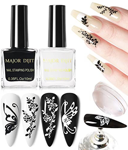 DouborQ Nail Art Stamping Polish White Black Manicure Image Stamp Polish Set Print Polish Varnish 2 Bottles