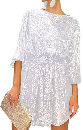 Fiacafyo Women Long Sleeve Sequins Glitter Dress Sparkly Party Loose Fit Shift Mini Short Dress Elegant Evening Cocktail Dress (A-White, M)