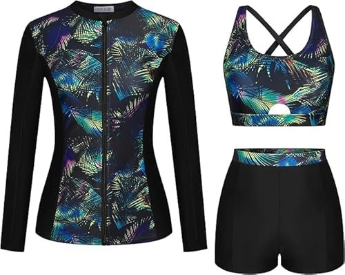 Kate Kasin Floral gedruckte Bademode für Frauen 3 Stück Rash Guard Zipper Shirts Boyshort Sonnenschutz Wasser Sport Tankini Set für Surfen Schwimmen Schwarz-braun Blätter L