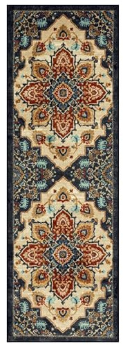 Maples Rugs Ruby Oriental Runner Rug - Made in USA - Washable, Non Slip Indoor Carpet for Hallway, Kitchen, and Laundry Room, 2' x 6', Red/Gold
