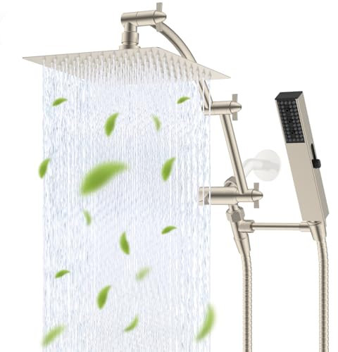 Hibbent All Metal 8'' Rainfall Shower Head, Shower Head Combo, High Pressure Handheld Shower Wand, 4 Sprays, 16'' Adjustable Arc-shaped Extension Arm, 71'' Hose, Showerhead Holder, Brushed Nickel