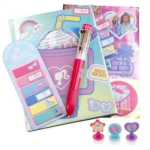 ColorBaby 77495 Barbie Agenda Set Diario con bolígrafo y Accesorios, diseño Colorido, Pegatinas y Sellos incluidos, óptimo para niños Desde 3 años