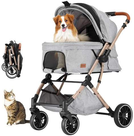 EchoSmile Ein-Knopf-Falt Hundewagen, Hundebuggy bis 20kg für kleine mittel Hunde & Katzen, Hunde Buggy & Katzenwagen mit Umkehrbarer Griff, Stoßdämpfung & Abnehmbares Waschbares Pad (Grau)