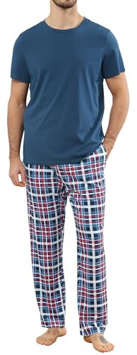 TeJoyce Ensemble de Pyjama Homme Coton, Vêtements de Nuit, Haut à Manches Courtes et Pantalon à Carreaux avec Poches, Pijamas Deux Pièces Doux et Confortable pour Homme (Bleu, XL)