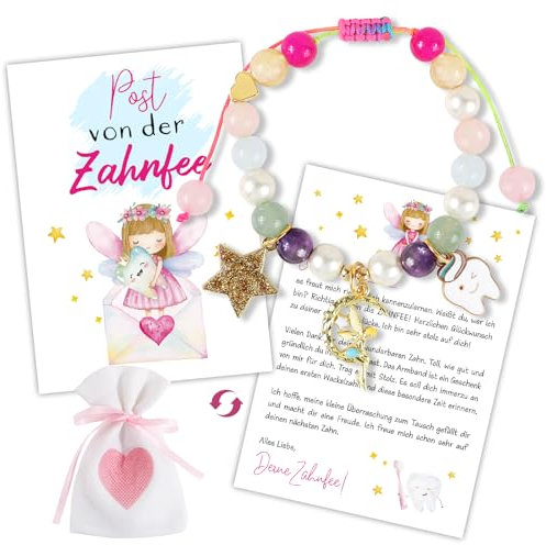 Zahnfee Geschenke Mädchen Armband Zahnfee Postkarte Perlenarmband Milchzahn Überraschung Geschenke Bunt Armbänder zum Einschlung Geburtstag Taufe Weihnachten Mutmacher für Tochter Nichte Patenkind
