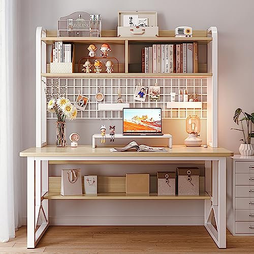Modern Computer Desk with Hutch and Display Grid Shelf Writing Desk Table Workstation with Shelves for Home Office Study PC Table (47x24x59inch Wood)
