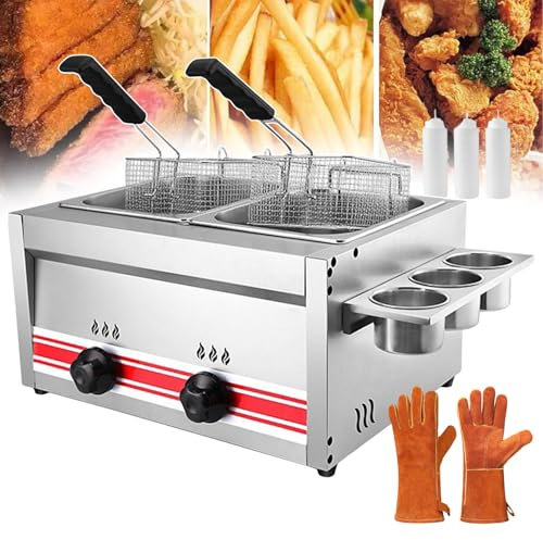 Friggitrice elettrica Professionale da 20 Litri, friggitrice a Doppia Vasca, friggitrice per Patatine Fritte in Acciaio Inox con Coperchio e cestelli, pentola per friggitrice elett