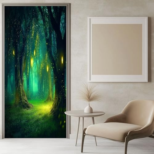 Fantasy Stil Türaufkleber Aufkleber, Geheimnisvoller Wald Glühwürmchen Türtapete Kinder Schlafzimmer, 85 x 200 cm (B x H) Wandsticker Fototapete, für Kinder Raumdekoration Home Decoration
