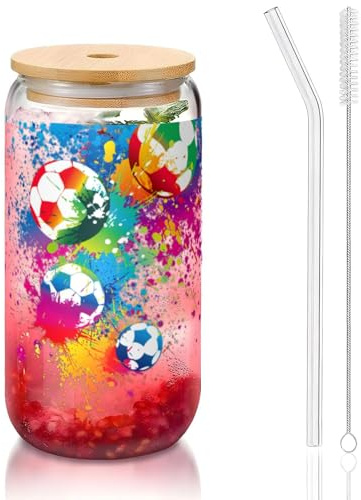 JIUTY Bunte Fußball-Trinkgläser mit Deckel und Glasstrohhalm, 1 Stück, 473 ml Glasbecher, Bier, Eis, Kaffee, Gläser