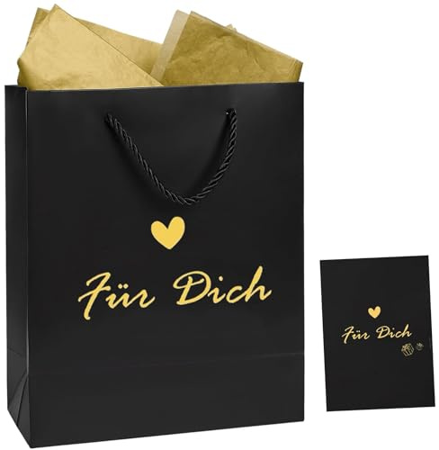 Xinfin Geschenktüten Schwarz Für Dich mit Henkel Groß | Geschenktasche 25x20x10cm Geburtstag Happy Birthday Tüte mit Seidenpapier für Frau Mann Junge Mädchen Geschenkverpackung