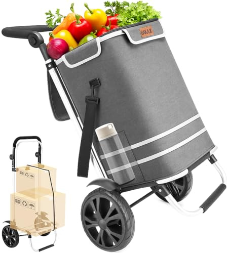 BAKAJI Carrello Spesa 3 in 1 Pieghevole borsa Capacità di 56 Litri, Carrellino a Mano Portaspesa e Portapacchi Carico 30 kg con Manico Ergonomico, Ruote e Tracolla, Trolley Salvaspazio (Grigio)