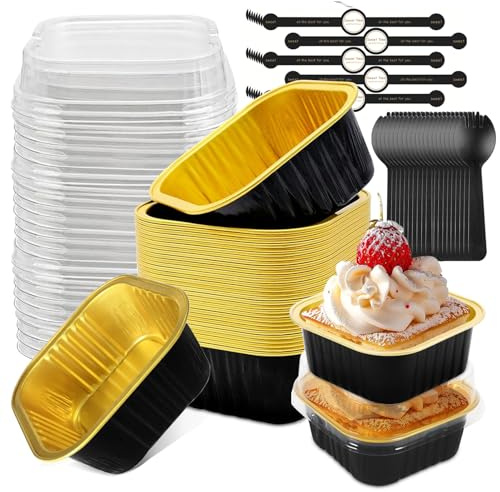 lbxtswpl Mini Cake Baking Cups with Lids and Spoons, 50PCS 150ml Mini Loaf Pans, Square Aluminum Foil Baking Pans with Sealing Sticker for Bread Dessert Wedding Birthday Picnic Party(Black Silver)
