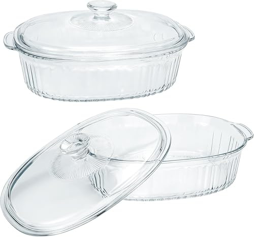 2 Plats à Four en Verre avec Couvercle - Cocotte Ronde en Verre Résistant à la Chaleur pour Micro-ondes, Four et Réfrigérateur - Plat de Cuisson Transparent avec Poigné (Ovale, 1,9 L & 3,0 L)