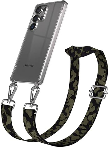 EAZY CASE Handykette - Verstellbares Taschenband kompatibel mit Galaxy S25 Ultra, Schulterriemen, Handykordel mit Silikon Hülle, Umhängetasche, Dunkelgrün Camouflage Silber