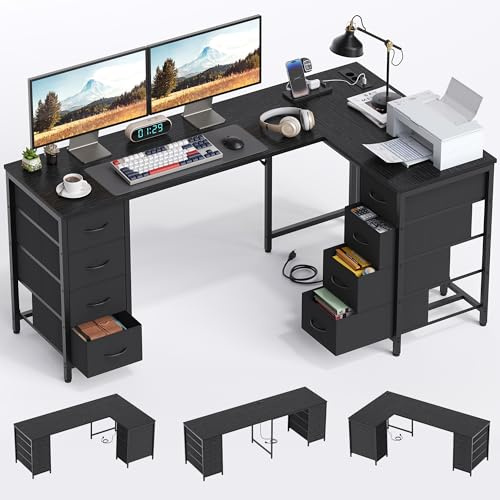 YOUDENOVA Scrivania a forma di L, 170 x 100 cm, scrivania angolare con 8 cassetti, scrivania per computer con presa di corrente e porta di ricarica USB, tavolo da ufficio per studio, nero