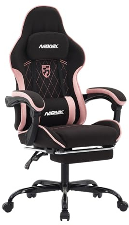 NIONIK Massage Chaise Gaming Tissu Respirant avec Coussin Lombaire Massant | Chaise Ergonomique Réglable à 135° avec Repose-Pieds, Chaise de Bureau Enfant et Adulte, Capacité 150kg