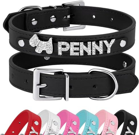 Didog Benutzerdefinierte Hundehalsbänder aus glattem PU-Leder mit Strasssteinen, personalisierbar, für kleine und mittelgroße Hunde, schwarz, L