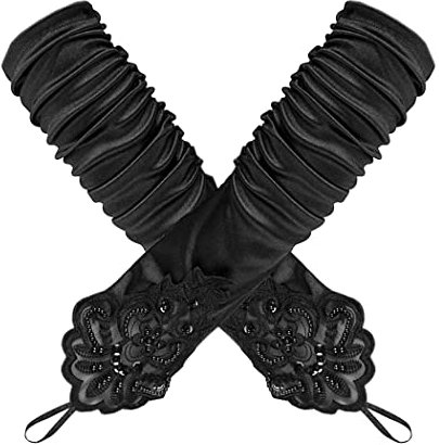 Jurxy 1920er Stil Handschuhe Elastisch Audrey Hepburn Handschuhe mit Spitze und Perlen Fingerlose für Frauen, Hochzeit, Oper, Ball, Fasching, Karneval, Tanzen, Halloween