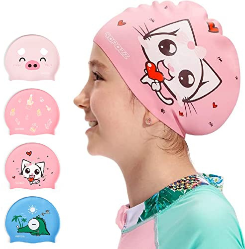 COPOZZ Kids Swim Caps, Silicone Waterproof Comfy Swimming Cap Hat for Children Boys Girls Aged 5-12