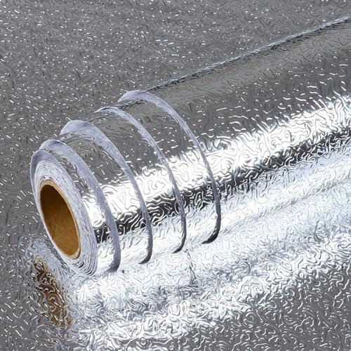 VEELIKE klebefolie Arbeitsplatte Küche Silber Küchenrückwand Folie Küchenschränke Möbelfolie Selbstklebend Tapete Tapeten Wandtapete Dekorfolie Schrank Folie Bekleben für Küche DIY 40cm x 300cm