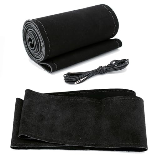 AUTOXBERT 38cm/15 Inch Suede Leather Non-Slip Steering Wheel Cover DIY Hand Sewing Cowhide Leather Skidproof Car Protector with Needle Thread