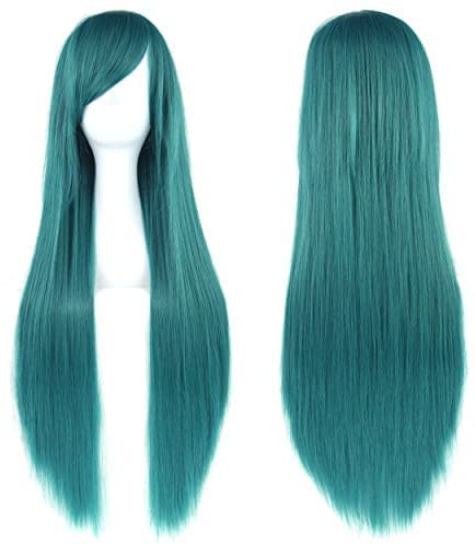 IMISSU 80 cm langes glattes Naturhaar Cosplay Perücken mit Pony Bunt Halloween Kostüm Party Perücke Haarverlängerungen (Grün)