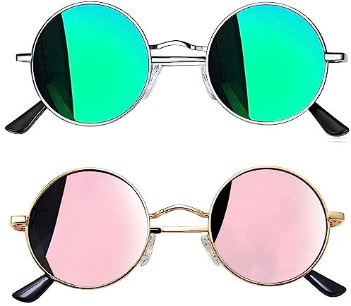 Joopin Lunettes de Soleil Rondes Unisexe Polarisées Rétro Hippie Steampunk UV400 Monture Métal Lunette Ronde Vert Miroir Rose