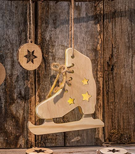 LED Deko Schlittschuh aus Holz mit Beleuchtung, Leuchtdeko, Batterie-betrieben, leuchtende Sterne, Dekofigur, Holzdeko